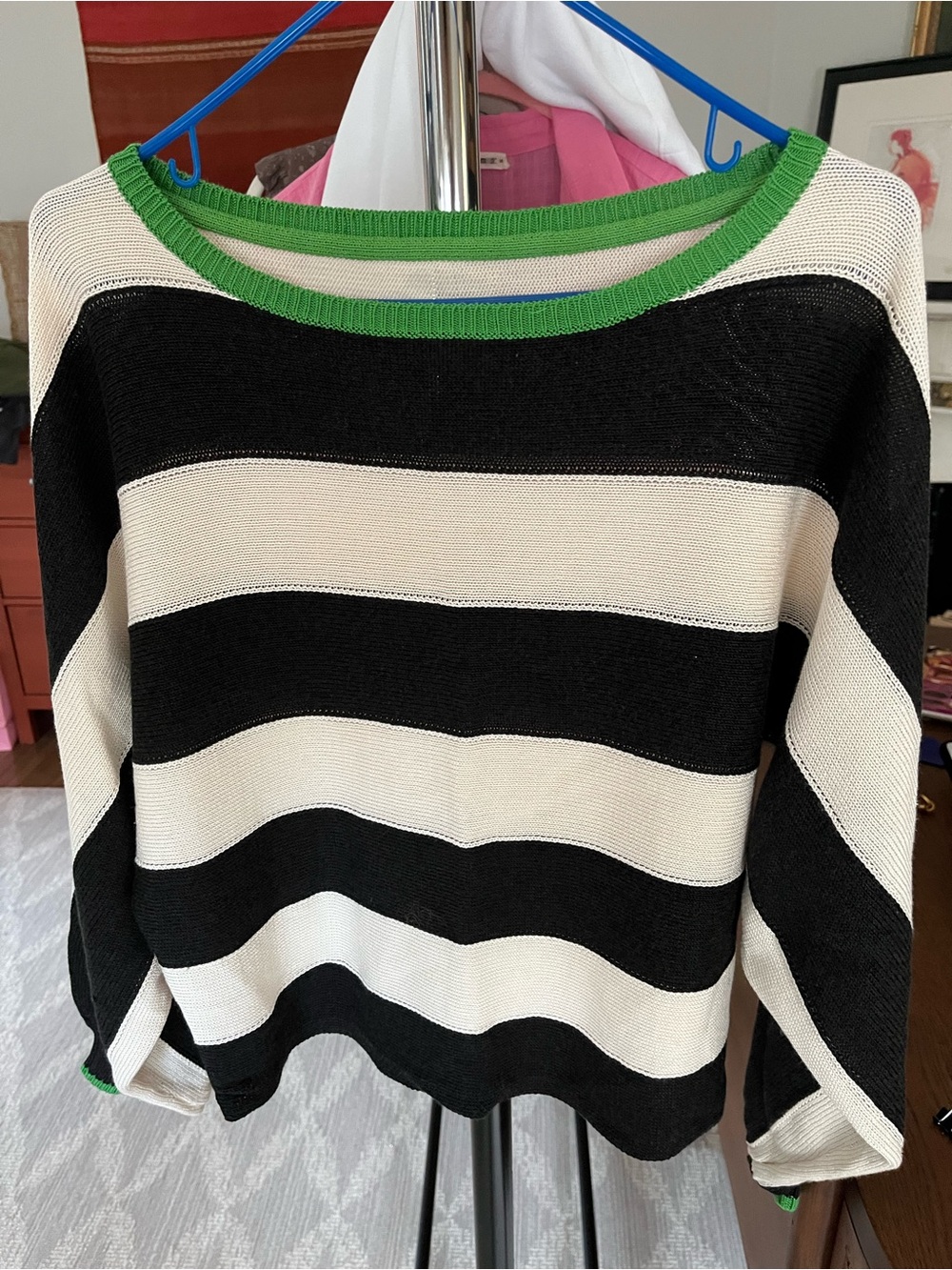 Mauve Black & White Striped Crewneck Sweater with Green Trim